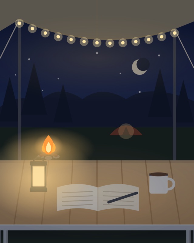 キャンプのタープの下の夜。焚き火とランタン